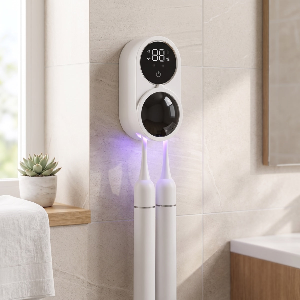 Brush Guard UV-C sanitizer mounted on a bathroom wall, two electric toothbrushes in its slots, light on