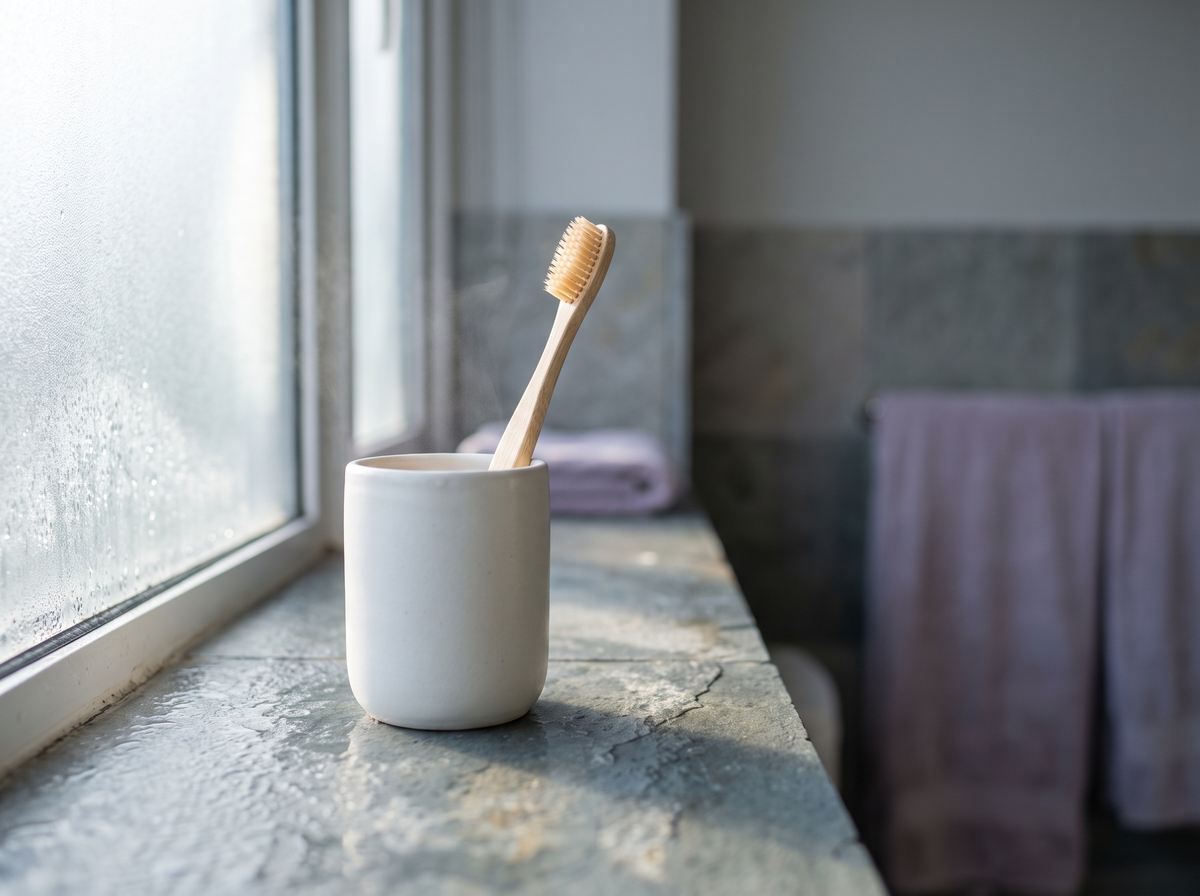 A toothbrush left uncovered in an open cup on a damp bathroom counter